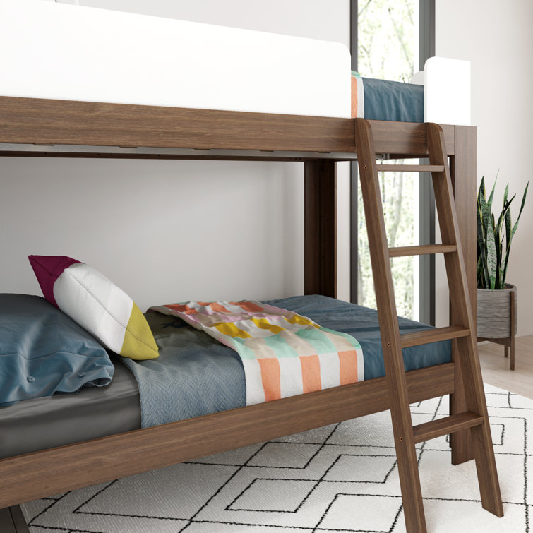 Walnut and White Twin Over Twin Wood Bunk Bed with Ladder