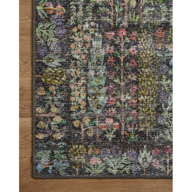 Maison Grove Charcoal Blue Floral Synthetic Runner Rug