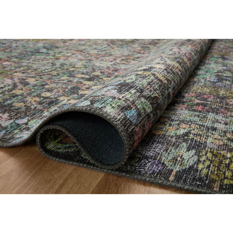 Maison Grove Charcoal Blue Floral Synthetic Runner Rug