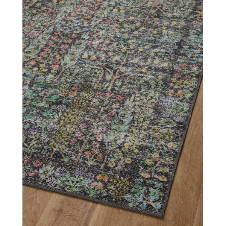 Maison Grove Charcoal Blue Floral Synthetic Runner Rug
