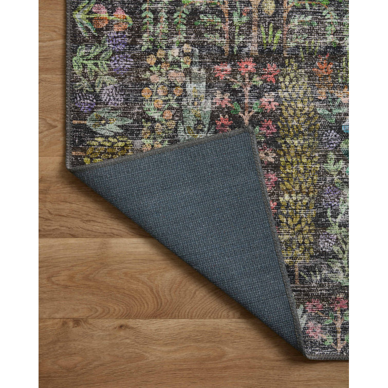 Maison Grove Charcoal Blue Floral Synthetic Runner Rug