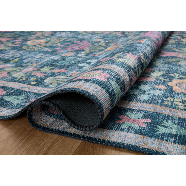 Enchanted Garden 18" Square Blue Botanical Easy-Care Area Rug