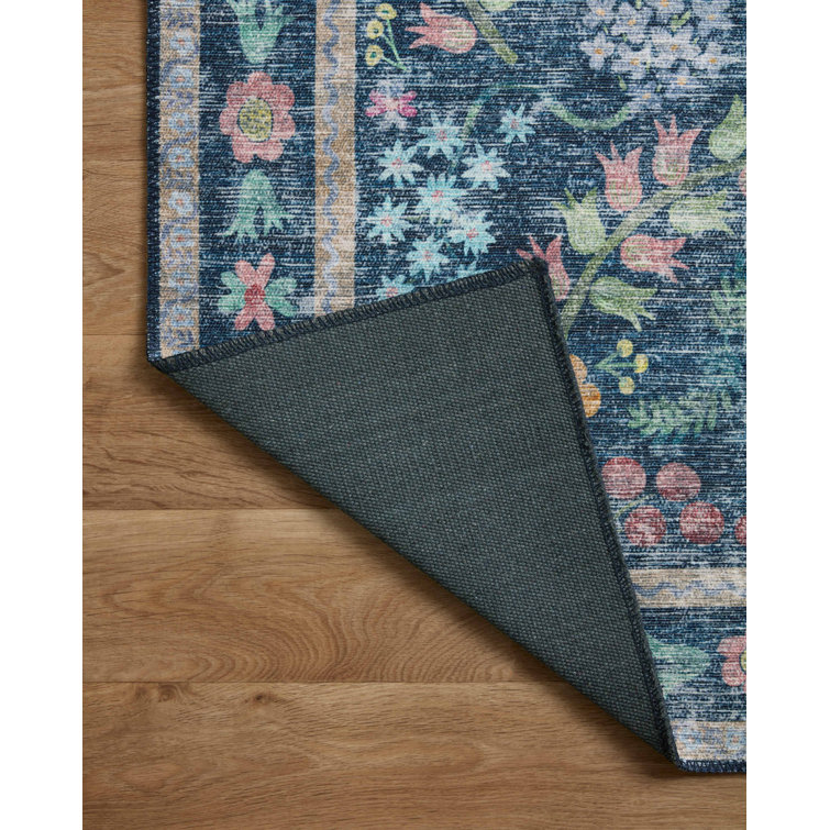 Enchanted Garden 18" Square Blue Botanical Easy-Care Area Rug