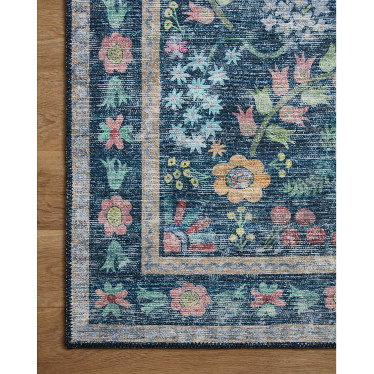 Enchanted Garden 18" Square Blue Botanical Easy-Care Area Rug