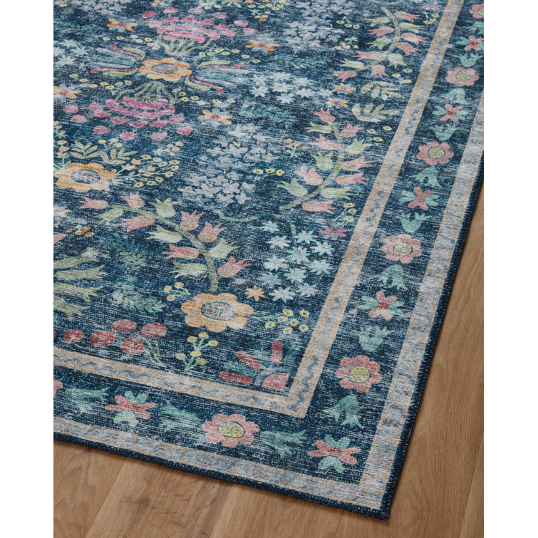 Enchanted Garden 18" Square Blue Botanical Easy-Care Area Rug
