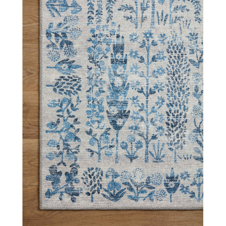 Maison Grove Blue Floral Synthetic Round Area Rug