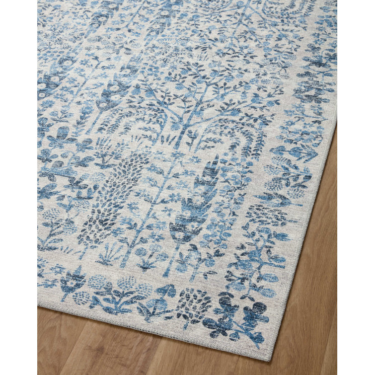 Maison Grove Blue Floral Synthetic Round Area Rug