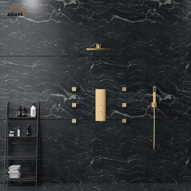 Brushed Gold Thermostatic Wall Mounted Rainfall Shower System with Body Jets