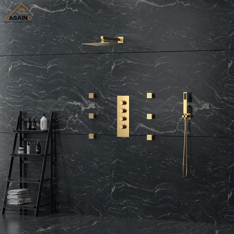Brushed Gold Thermostatic Wall Mounted Rainfall Shower System with Body Jets