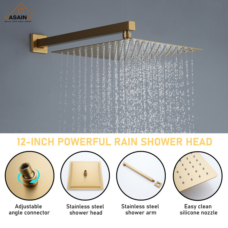 Brushed Gold Thermostatic Wall Mounted Rainfall Shower System with Body Jets