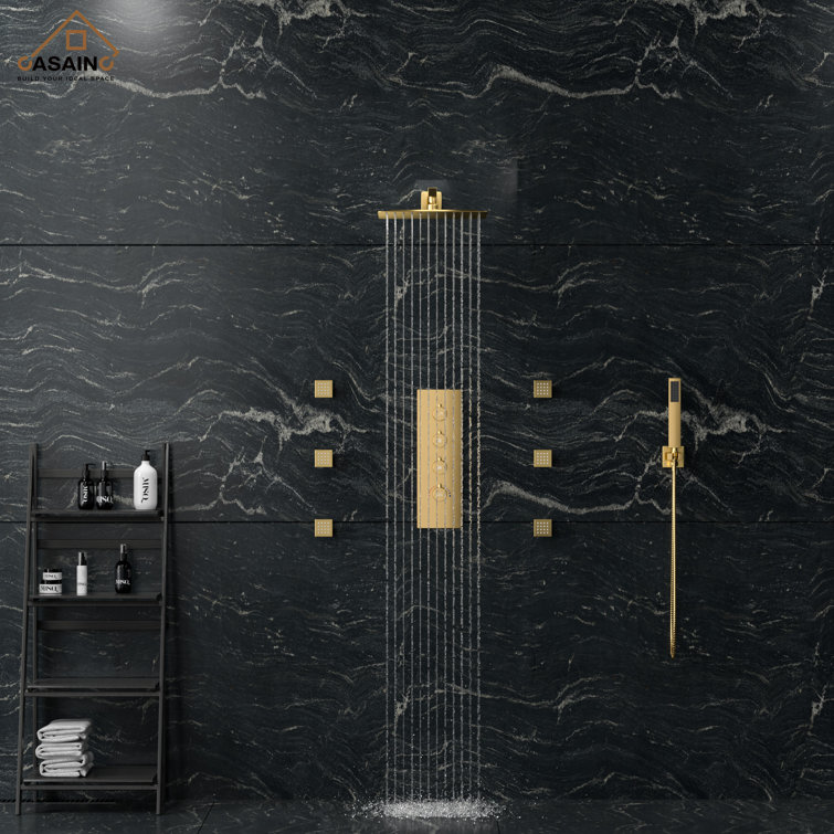 Brushed Gold Thermostatic Wall Mounted Rainfall Shower System with Body Jets