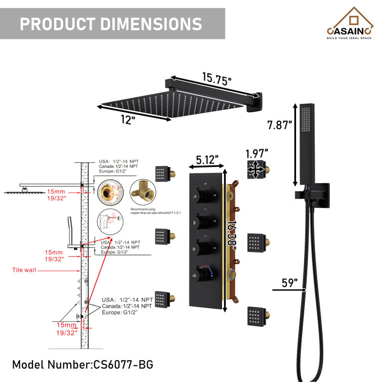 Matte Black Wall Mounted Rainfall Shower System with Solid Brass Handheld