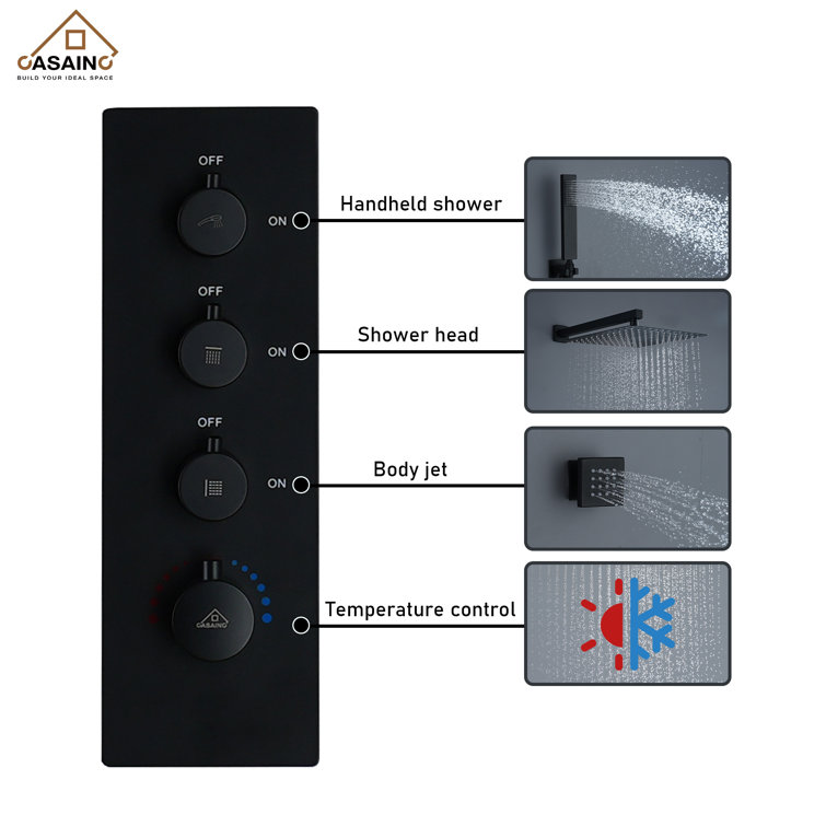 Matte Black Wall Mounted Rainfall Shower System with Solid Brass Handheld