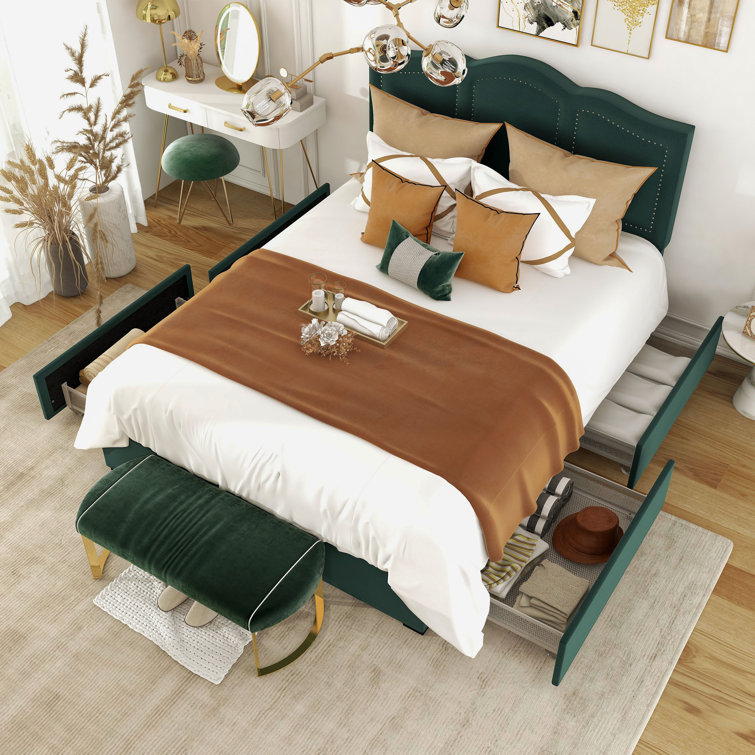 Dark Green Velvet Upholstered Full Storage Bed with Nailhead Trim