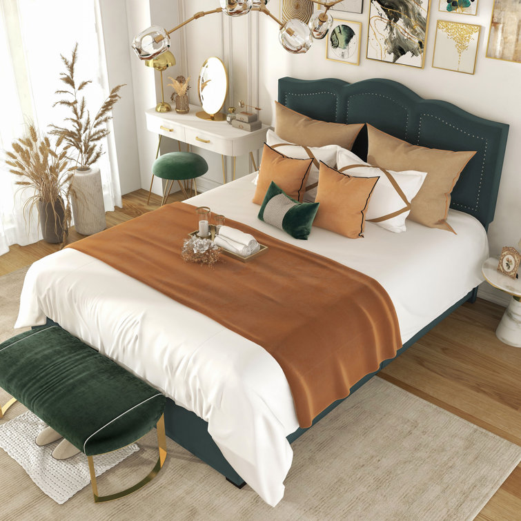 Dark Green Velvet Upholstered Full Storage Bed with Nailhead Trim