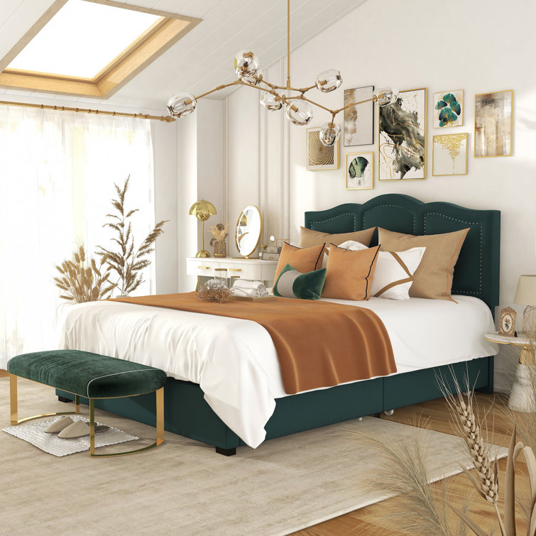 Dark Green Velvet Upholstered Full Storage Bed with Nailhead Trim