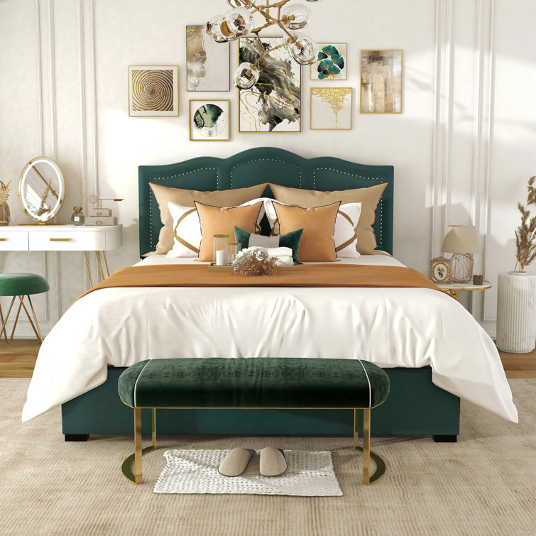 Dark Green Velvet Upholstered Full Storage Bed with Nailhead Trim