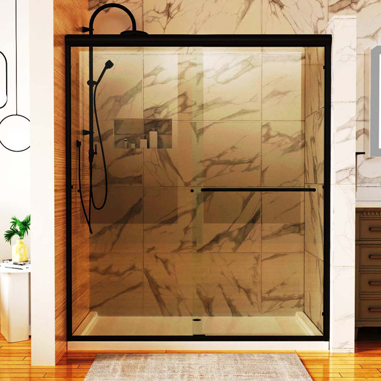 Matte Black Framed Sliding Shower Door with Clear Glass