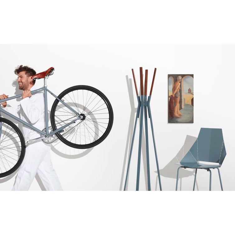 Marine Blue and Walnut Modern Metal Coat Rack