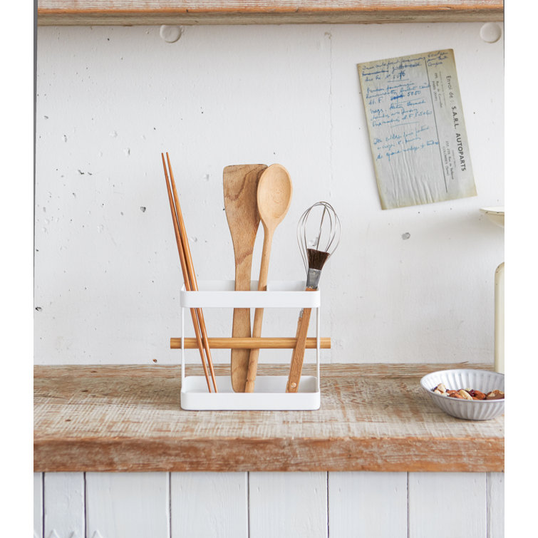 White Stainless Steel Kitchen Utensil Caddy with Wood Accents