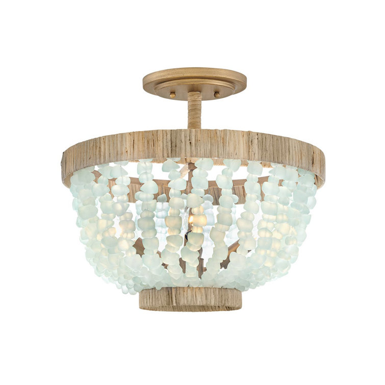 Burnished Gold Bohemian LED Bowl Light with Blue Sea Glass