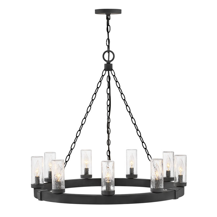 Sawyer Black 9-Light LED Outdoor Chandelier with Clear Seedy Glass