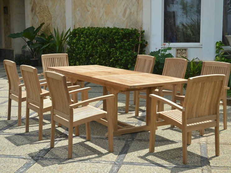 Natural Teak 8-Person Outdoor Dining Set with Stackable Chairs