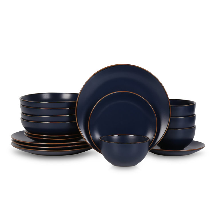 Blue and White Ceramic 16-Piece Dinnerware Set with Metallic Band