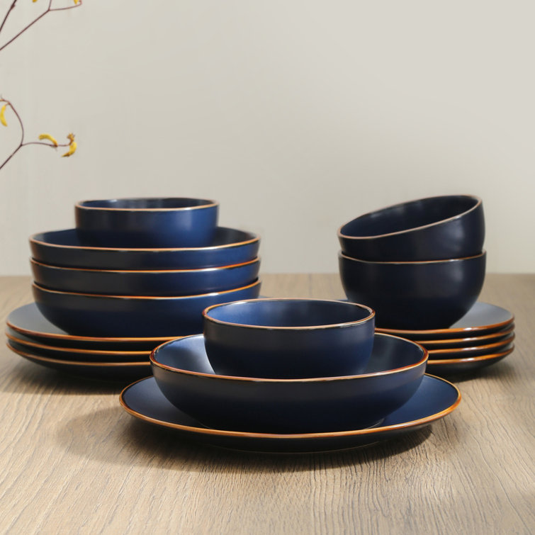 Blue and White Ceramic 16-Piece Dinnerware Set with Metallic Band