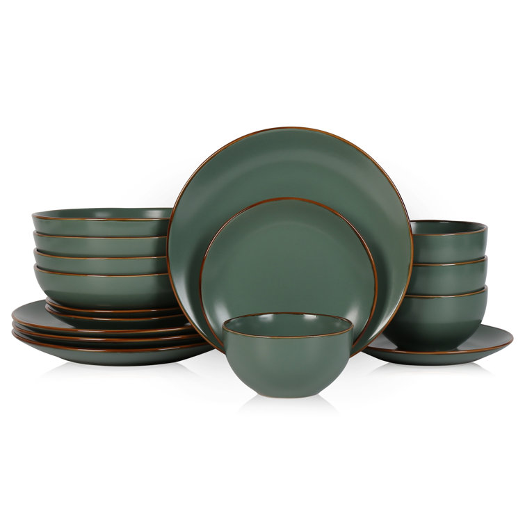 Green Ceramic 16-Piece Dinnerware Set with Brown Edged Borders