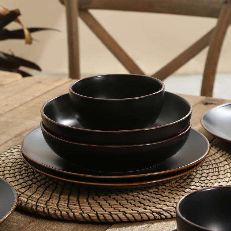 Black and White Ceramic 16-Piece Dinnerware Set with Gold Detailing