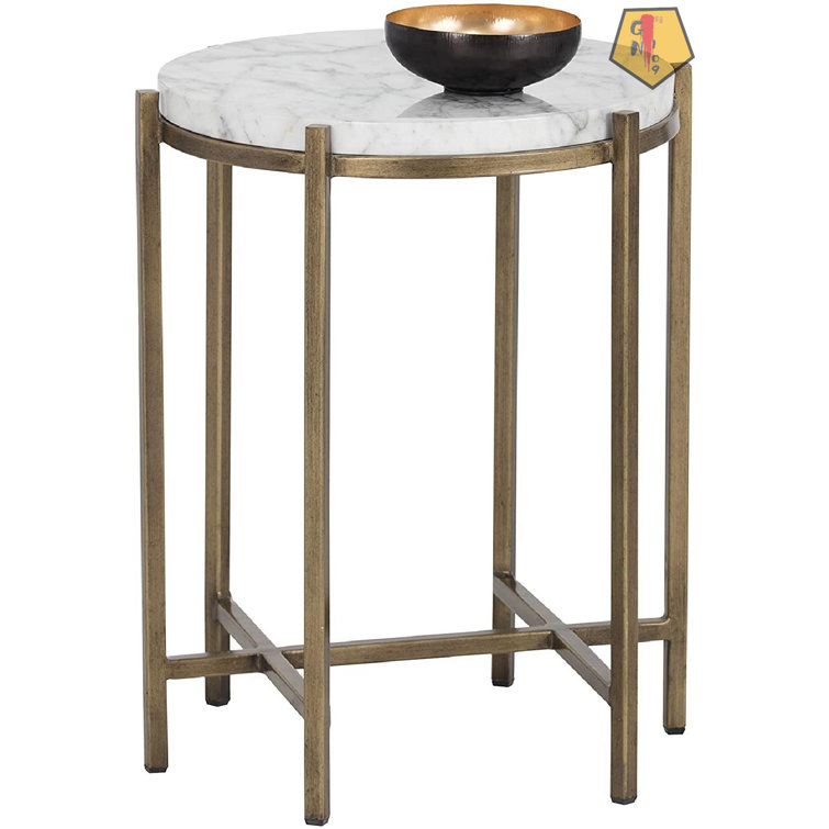 Solana 17'' White Marble Look & Antique Brass Round End Table