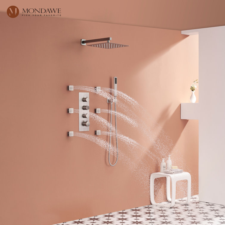 Brushed Nickel Wall Mounted Shower System with Adjustable Heads and Body Jets
