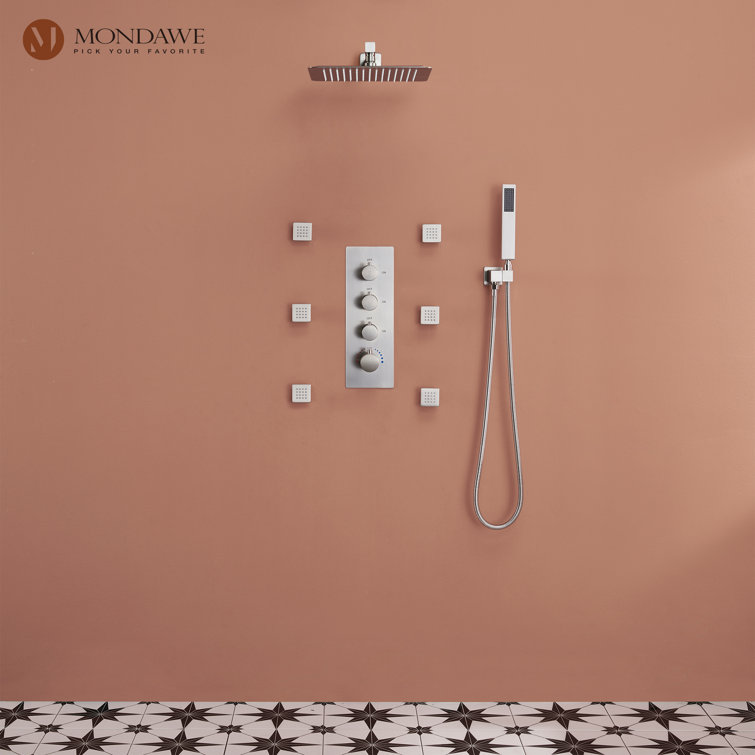 Brushed Nickel Wall Mounted Shower System with Adjustable Heads and Body Jets