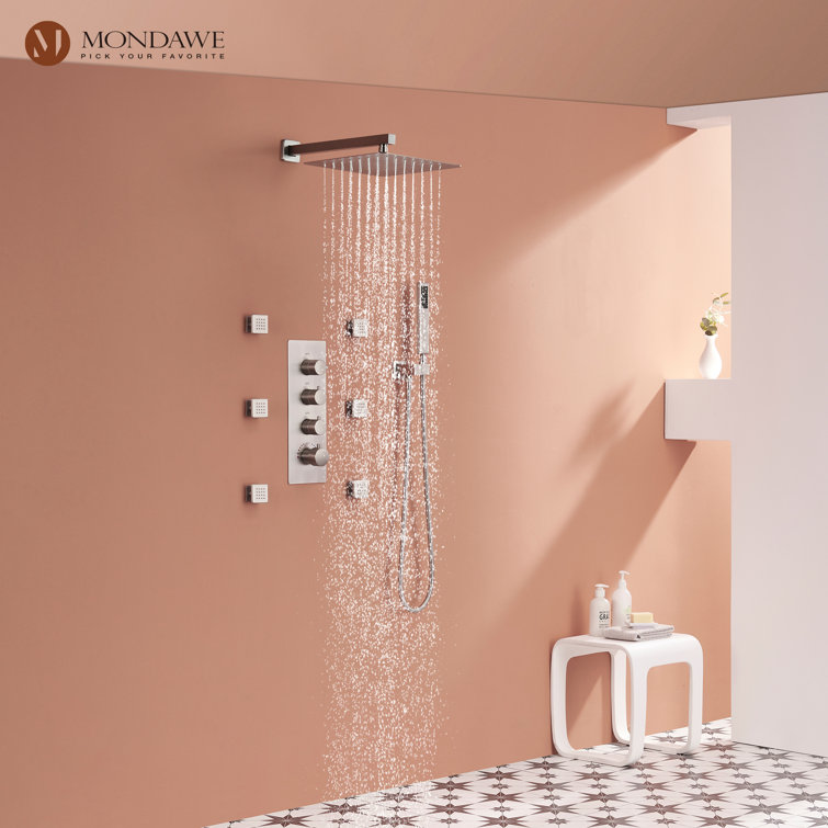 Brushed Nickel Wall Mounted Shower System with Adjustable Heads and Body Jets