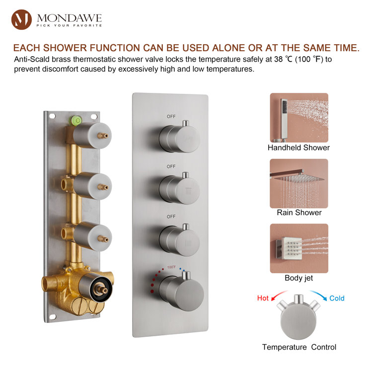 Brushed Nickel Wall Mounted Shower System with Adjustable Heads and Body Jets