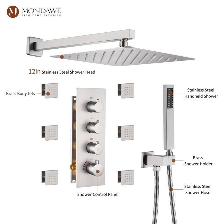 Brushed Nickel Wall Mounted Shower System with Adjustable Heads and Body Jets