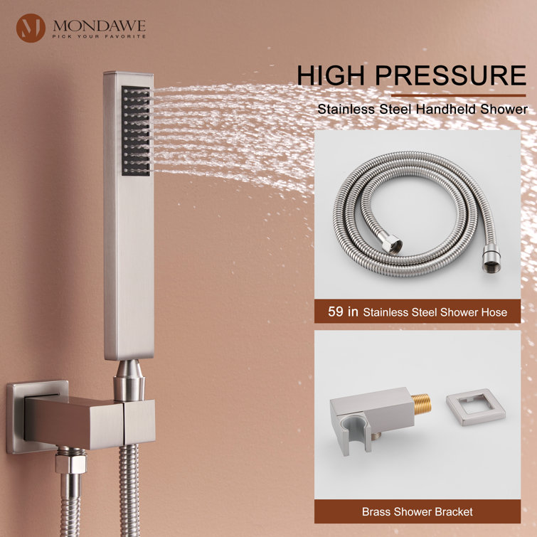 Brushed Nickel Wall Mounted Shower System with Adjustable Heads and Body Jets