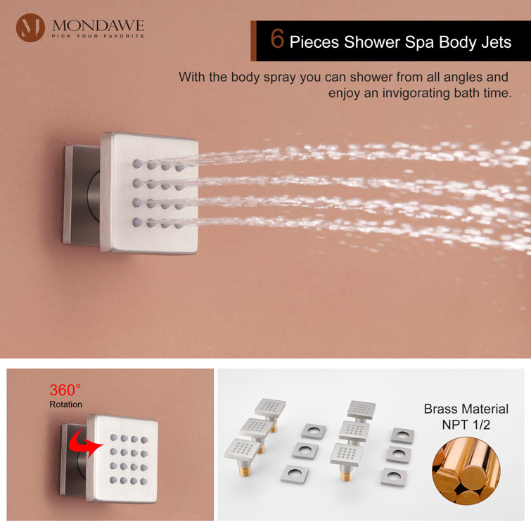 Brushed Nickel Wall Mounted Shower System with Adjustable Heads and Body Jets