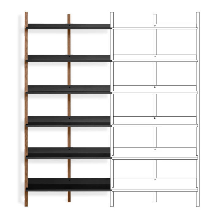 Adjustable Walnut and Black 6-Shelf Wall-Mounted Bookcase
