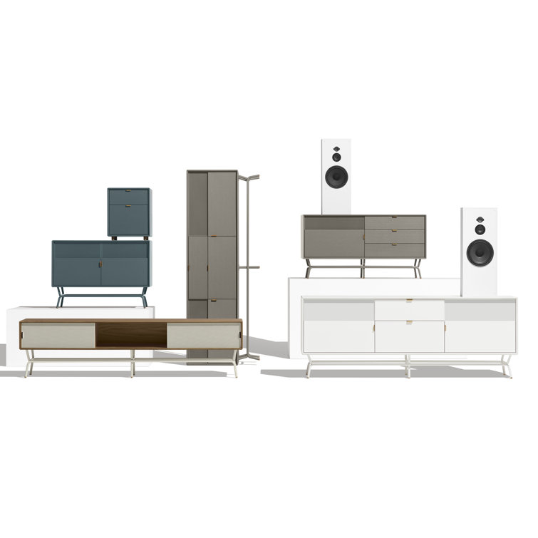 Marine Blue Perforated Steel TV Stand with Brass Details