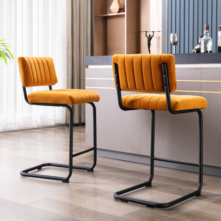 Orange Velvet Upholstered Counter Stools with Steel Frame, Set of 2