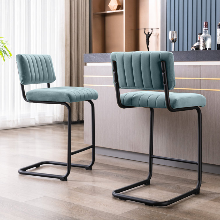 Light Blue Velvet Upholstered Counter Stools with Steel Frame, Set of 2