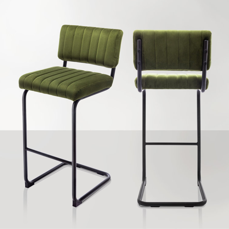Olive Green Velvet Upholstered Bar Stools with Steel Frame, Set of 2