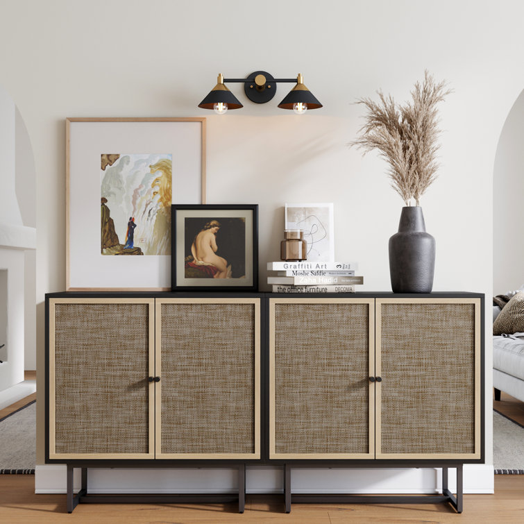 Black Oak and Cane Rectangular Sideboard with Adjustable Shelving