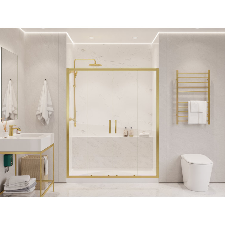 Brushed Gold Framed Double Sliding Shower Door with Clear Glass