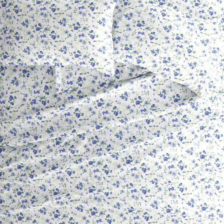 Light Blue Floral Microfiber Full Bed Sheet Set