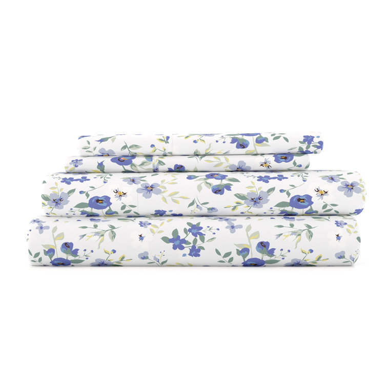 Light Blue Floral Microfiber Full Bed Sheet Set