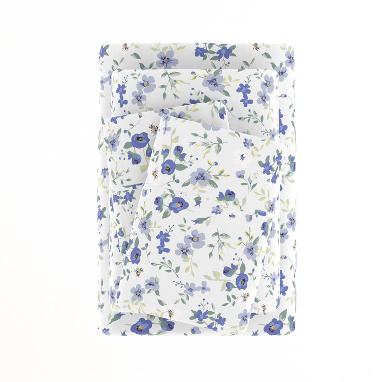 Light Blue Floral Microfiber Full Bed Sheet Set