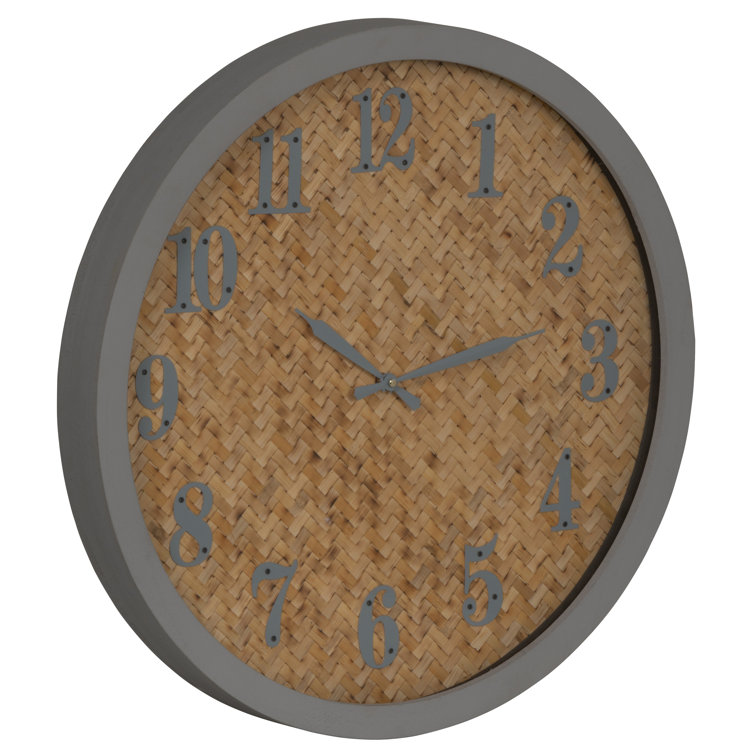 Gray and Natural Solid Wood Round Wall Clock with Glass Face